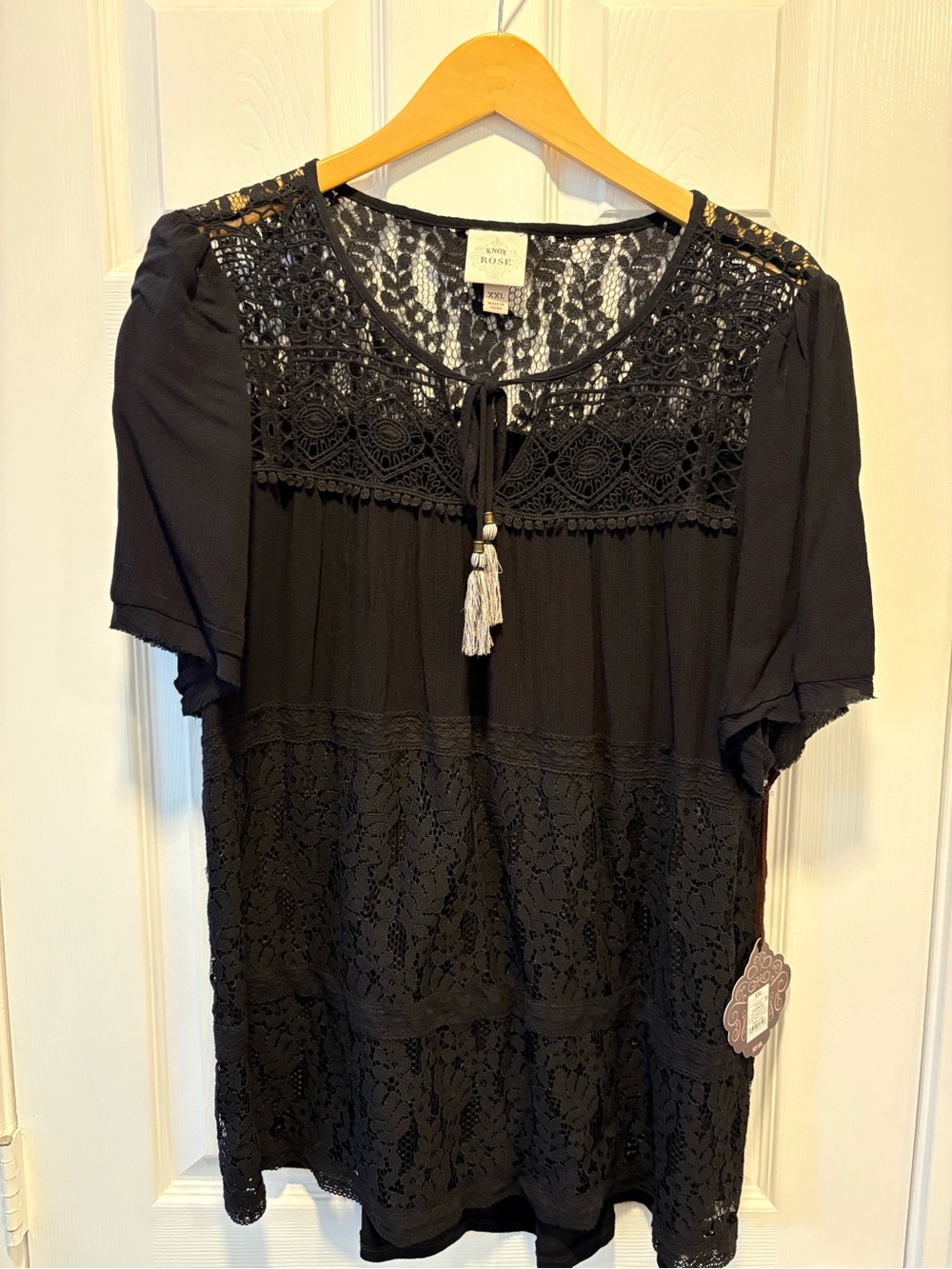 Knox Rose Black Lace Crochet Yoke Tassel Blouse